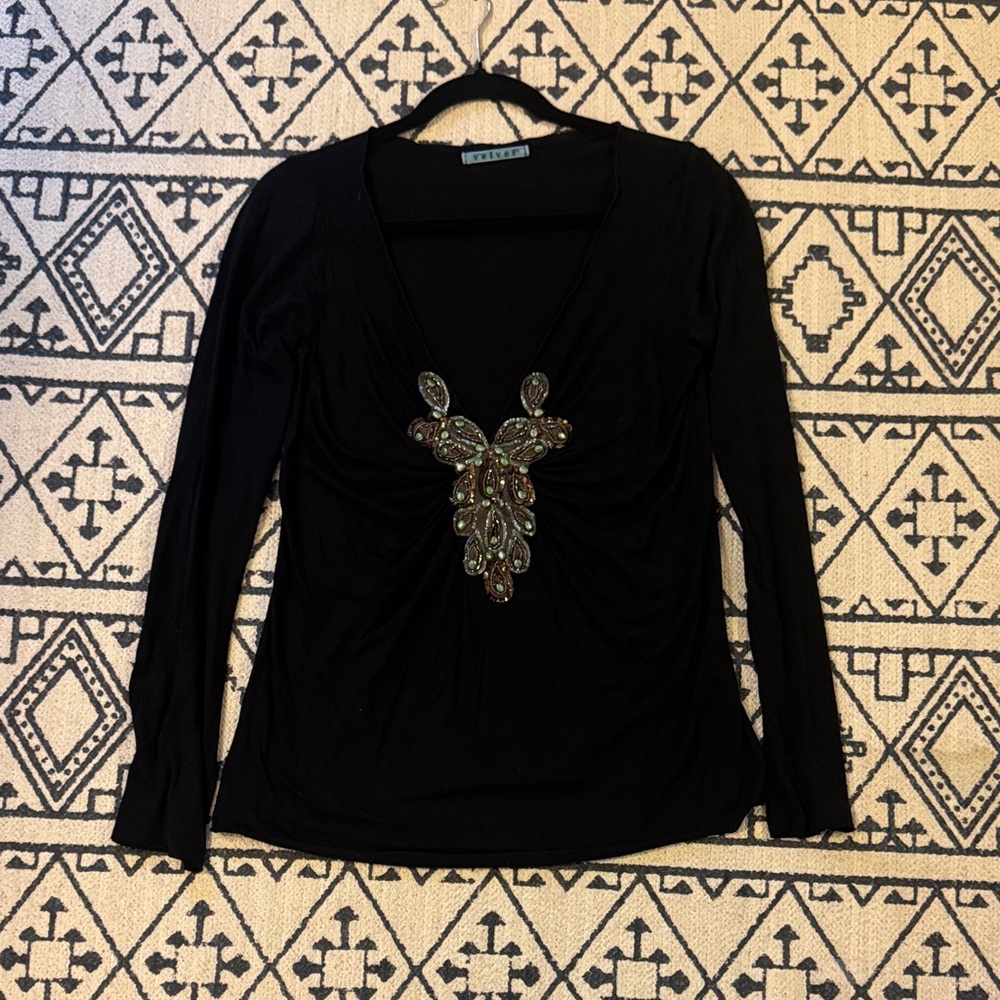 Velvet Black Long Sleeve Deep V-Neck Top with Jeweled Applique
